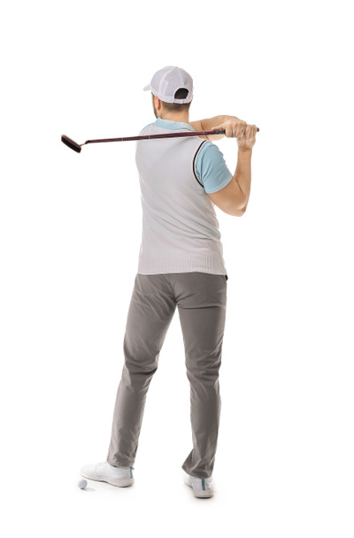 Przystojny mężczyzna golfista izolowany na białym - Zdjęcie, obraz
