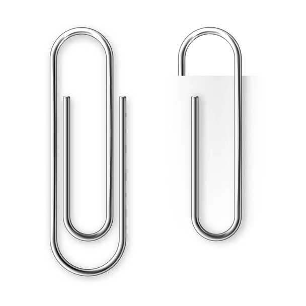 Realistic metal paper clip isolated on white background. Page holder, binder. Vector illustration. - Vetor, Imagem