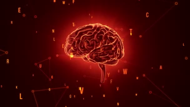 Animation of rotation red human brain with flying data around on grey background. Animation of seamless loop - Footage, Video
