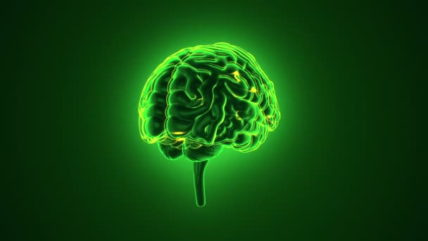 Animacja rotacji zielonego ludzkiego mózgu z latającymi danymi na szarym tle. Animacja pętli płynnej - Materiał filmowy, wideo