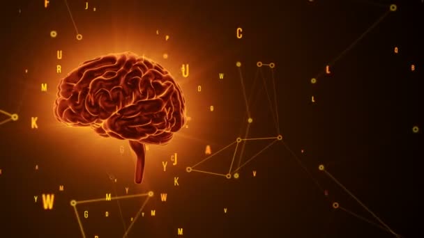 Animation des rotationsorangen menschlichen Gehirns mit herumfliegenden Daten auf grauem Hintergrund. Animation einer nahtlosen Schleife - Filmmaterial, Video
