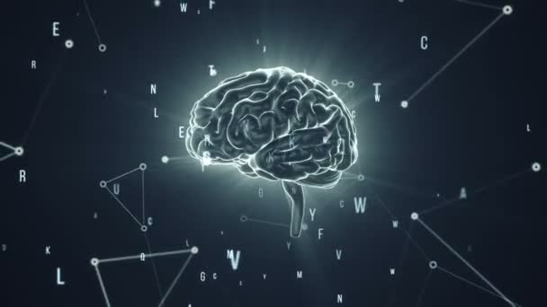 Animation der Rotation des menschlichen Gehirns mit herumfliegenden Daten auf grauem Hintergrund. Animation einer nahtlosen Schleife - Filmmaterial, Video
