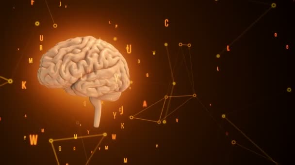 オレンジの背景に飛行データを持つ回転ピンクの人間の脳のアニメーション。シームレスループのアニメーション - 映像、動画