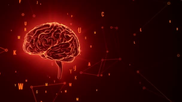 Animation of rotation red human brain with flying data around on grey background. Animation of seamless loop - Footage, Video