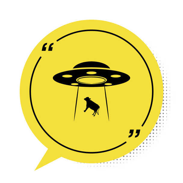 Чорний Уфо викрадає коров'ячий ікон, ізольований на білому тлі. Літаючий блюдце. Чужий космічний корабель. Футуристичний невідомий літаючий об'єкт. Жовтий символ бульбашки мови. Векторний приклад - Вектор, зображення