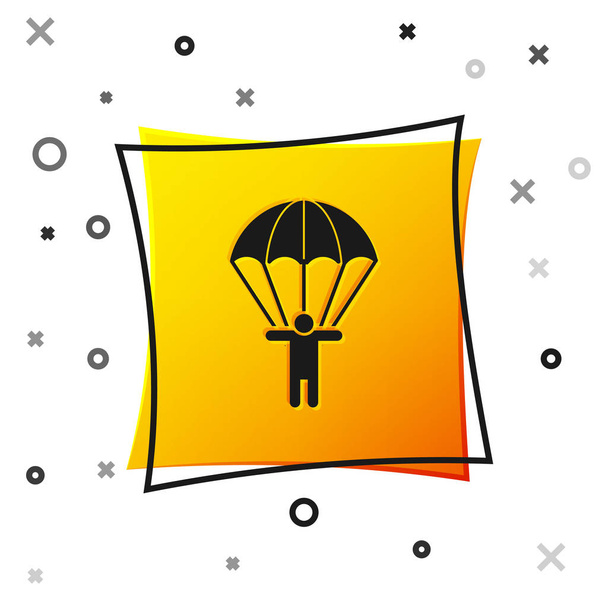 Black Parachute and silhouette person icon isolated on white background. Yellow square button. Vector Illustration - Vector, Image