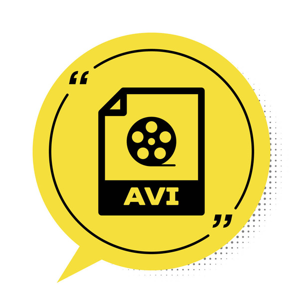 Black AVI file document. Download avi button icon isolated on white background. AVI file symbol. Yellow speech bubble symbol. Vector Illustration - ベクター画像