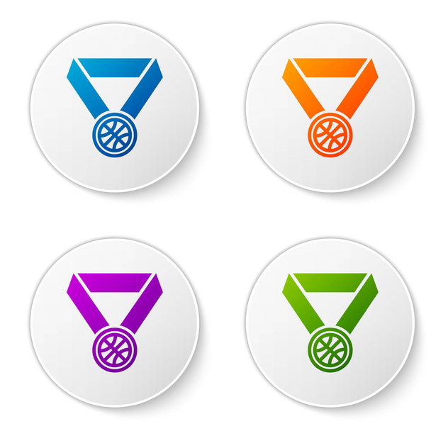 Beyaz arka planda izole edilmiş kurdele ikonu olan renkli basketbol madalyası. Simgeleri daire düğmelerine ayır. Vektör İllüstrasyonu - Vektör, Görsel