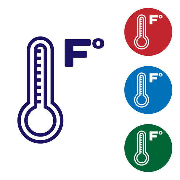 Kék Meteorológiai hőmérő, amely fehér alapon izolált hőt és hideg ikont mér. Hőmérséklet Fahrenheit. Állítsa be a színes ikonok kör gombok. Vektorillusztráció - Vektor, kép