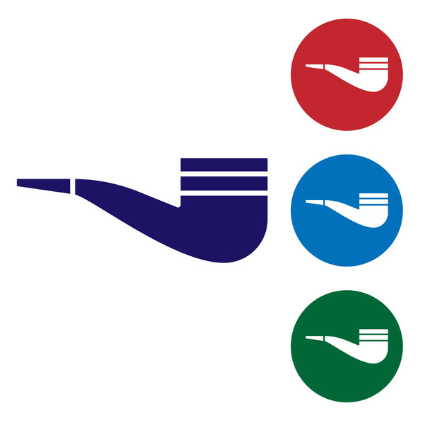 Tuyau fumeur bleu avec icône de fumée isolé sur fond blanc. Du tabac. Définir des icônes de couleur dans les boutons cercle. Illustration vectorielle
 - Vecteur, image