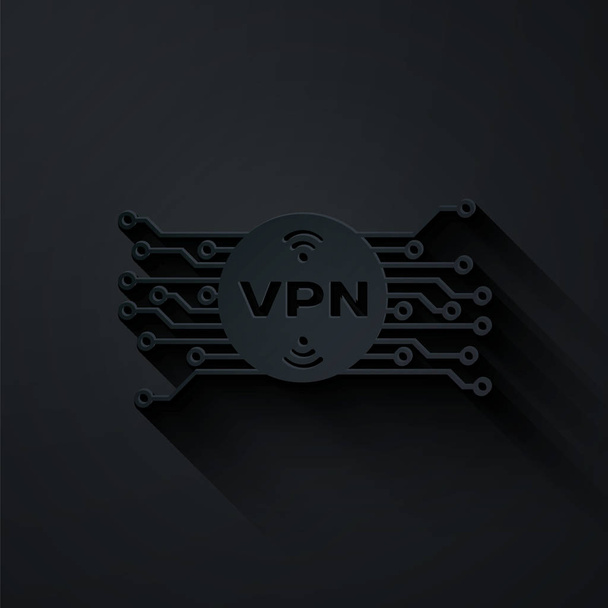 VPN a taglio carta in cerchio con icona del circuito microchip isolata su sfondo nero. Stile cartaceo. Illustrazione vettoriale
 - Vettoriali, immagini