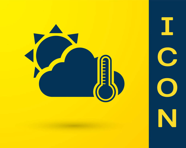 Sarı zemin üzerinde güneş ikonu olan mavi termometre ve bulut. Vektör İllüstrasyonu - Vektör, Görsel