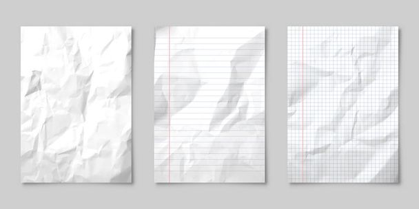 Folha de papel amassada forrada em branco realista com sombra em formato A4 isolada em fundo cinza. Caderno ou página do livro. Modelo de design ou maquete. Ilustração vetorial
. - Vetor, Imagem
