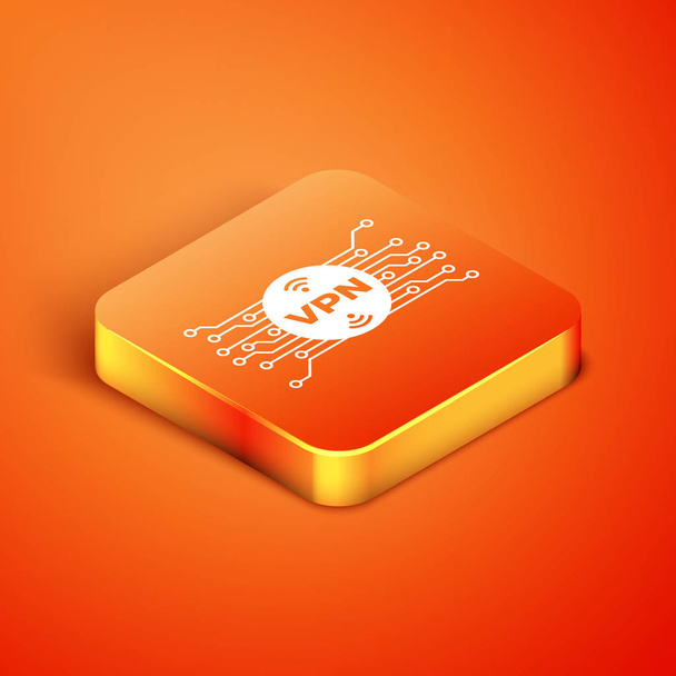 Izometrikus Vpn körben mikrochip áramkör ikon izolált narancssárga alapon. Vektorillusztráció - Vektor, kép