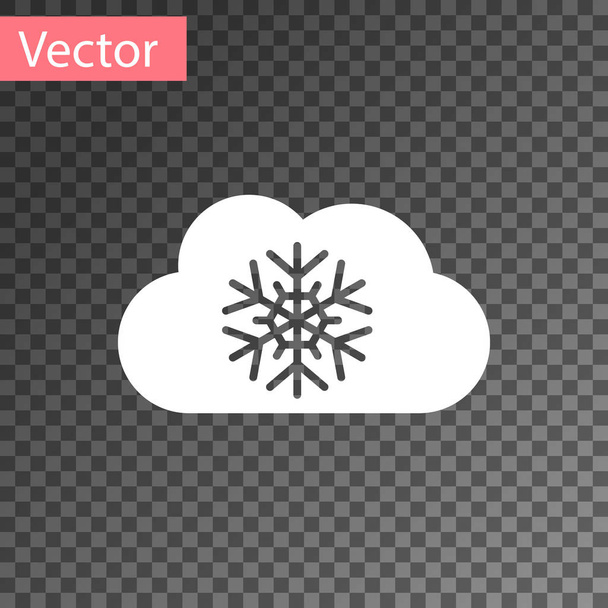 Biała chmura z ikoną śniegu na przezroczystym tle. Chmura z płatkami śniegu. Pojedyncza ikona pogody. Znak śniegu. Ilustracja wektora - Wektor, obraz