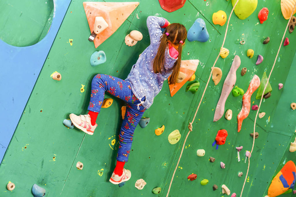 little girl climber in leisure park with climbing wall  - Photo, Image