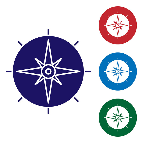 Значок синей розы ветра выделен на белом фоне. Значок компаса для путешествий. Дизайн навигации. Установите цвет в пуговицах круга. Векторная миграция
 - Вектор,изображение