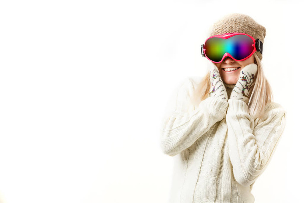 Portrait of a happy young girl wearing ski glasses  - Фото, изображение