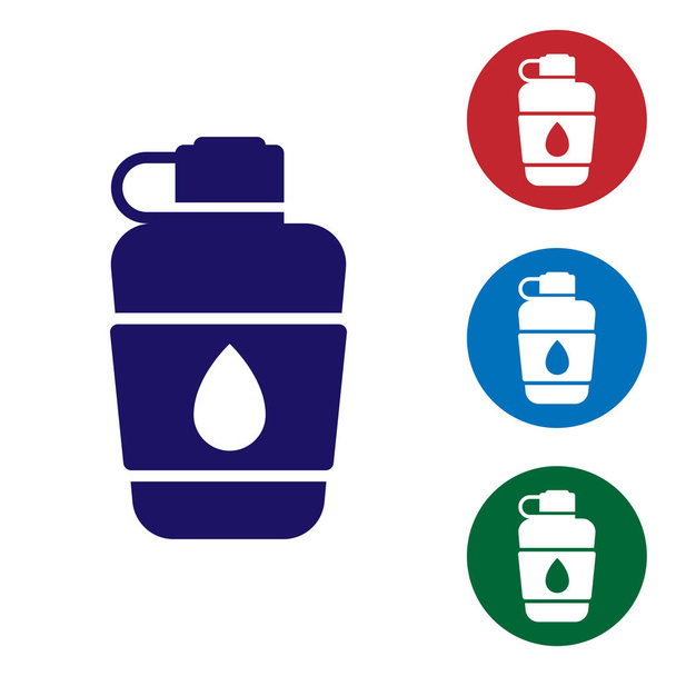 Μπλε παγούρι μπουκάλι νερό εικονίδιο απομονώνονται σε λευκό φόντο. Τουριστικό φλασκί. Βάζο της χρήσης του νερού στην εκστρατεία. Ορισμός εικονιδίων χρώματος σε κουμπιά κύκλου. Εικονογράφηση διανύσματος - Διάνυσμα, εικόνα