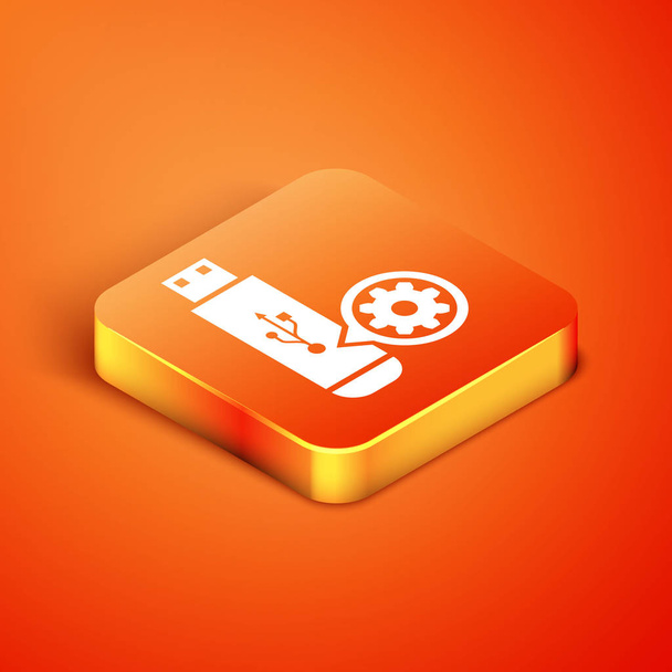 Isometric USB flash drive and gear icon isolated on orange background. Adjusting app, service concept, setting options, maintenance, repair, fixing. Vector Illustration - Vector, Image
