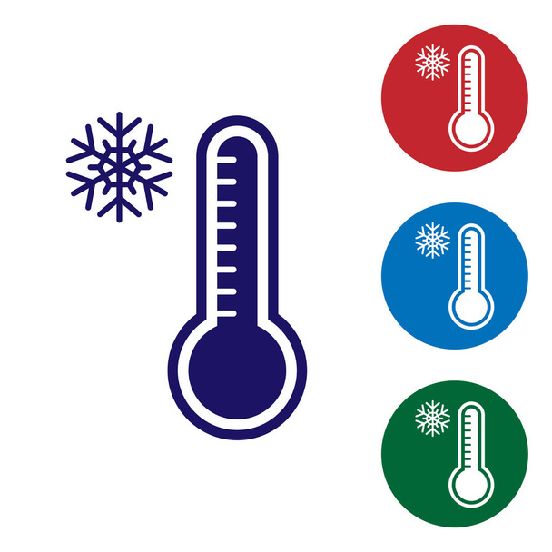 blaues Meteorologie-Thermometer, das Hitze und Kälte misst, isoliert auf weißem Hintergrund. Thermometerausrüstung, die heißes oder kaltes Wetter zeigt. Farbsymbole in Kreis-Buttons setzen. Vektorillustration - Vektor, Bild