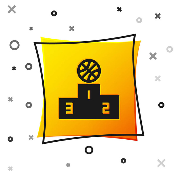 Black Basketball nad sportovní vítěz pódium ikona izolované na bílém pozadí. Žlutý knoflík. Vektorová ilustrace - Vektor, obrázek