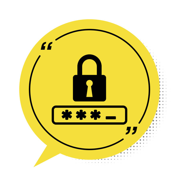 Černá Ochrana hesla a bezpečnostní přístup ikona izolované na bílém pozadí. Uzamknout ikonu. Zabezpečení, bezpečnost, ochrana, ochrana soukromí. Žlutý symbol bubliny řeči. Vektorová ilustrace - Vektor, obrázek