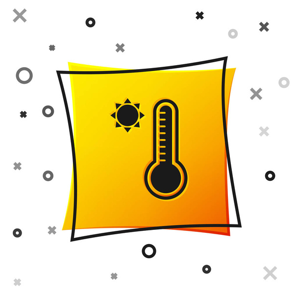 schwarzes Meteorologie-Thermometer, das Hitze und Kälte misst, isoliert auf weißem Hintergrund. Thermometerausrüstung, die heißes oder kaltes Wetter zeigt. gelber quadratischer Knopf. Vektorillustration - Vektor, Bild