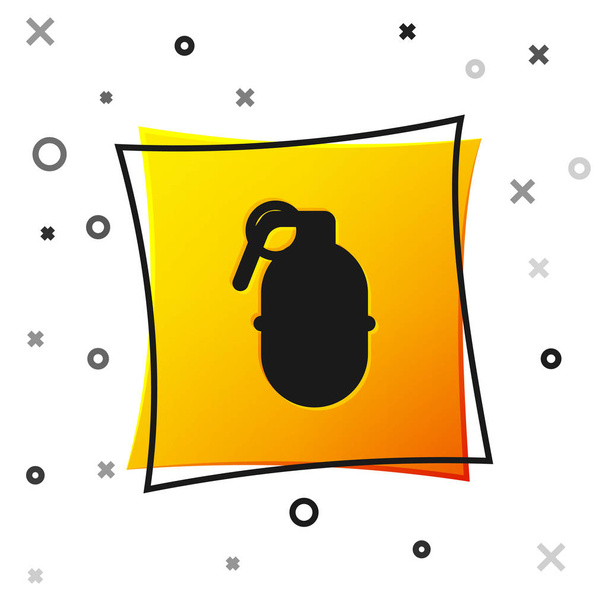 schwarze Handgranaten-Ikone isoliert auf weißem Hintergrund. Bombenexplosion. gelber quadratischer Knopf. Vektorillustration - Vektor, Bild
