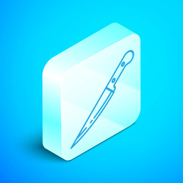 Izometrická linie ikona nože izolovaná na modrém pozadí. Symbol příbory. Stříbrné čtvercové tlačítko. Vektorová ilustrace - Vektor, obrázek