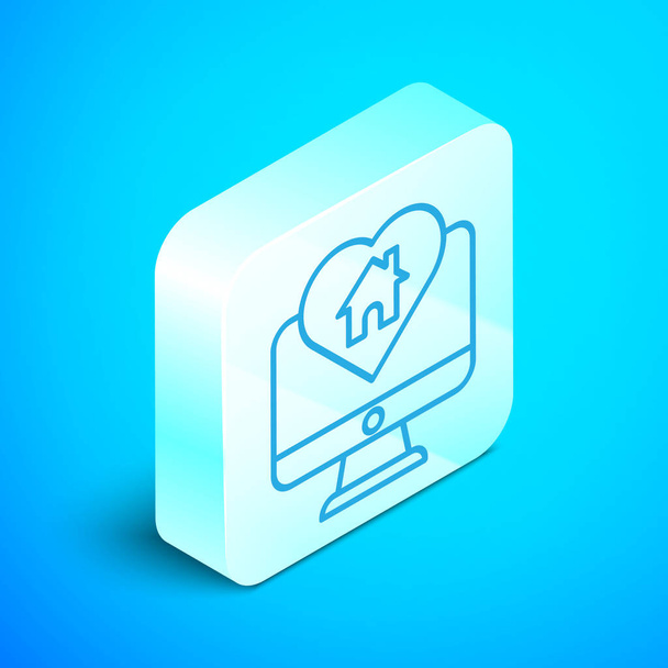 Isometric line Computer monitor with house in heart shape icon isolated on blue background. Love home symbol. Family, real estate and realty. Silver square button. Vector Illustration - Vektor, Bild