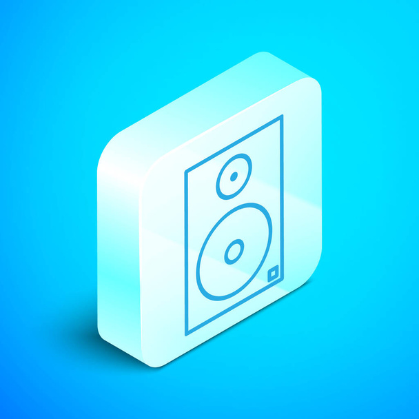 Isometric line Stereo speaker icon isolated on blue background. Sound system speakers. Music icon. Musical column speaker bass equipment. Silver square button. Vector Illustration - Vetor, Imagem