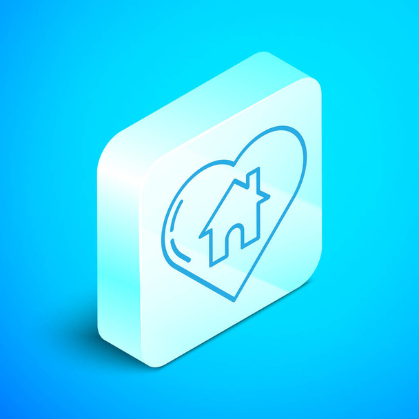 Isometric line House with heart shape icon isolated on blue background. Love home symbol. Family, real estate and realty. Silver square button. Vector Illustration - Vector, Image