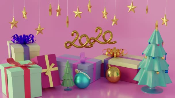 Szenteste és boldog új évet 2020, ajándék doboz és kiegészítő dekoráció. 3D animáció. - Felvétel, videó