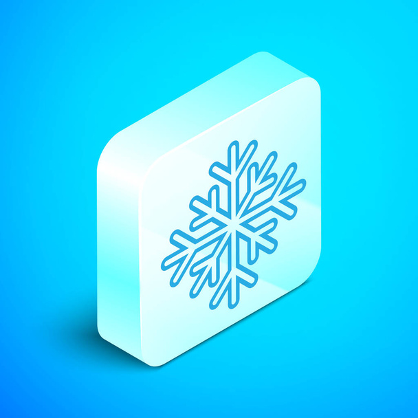 Icono de copo de nieve de línea isométrica aislado sobre fondo azul. Botón cuadrado plateado. Ilustración vectorial
 - Vector, imagen