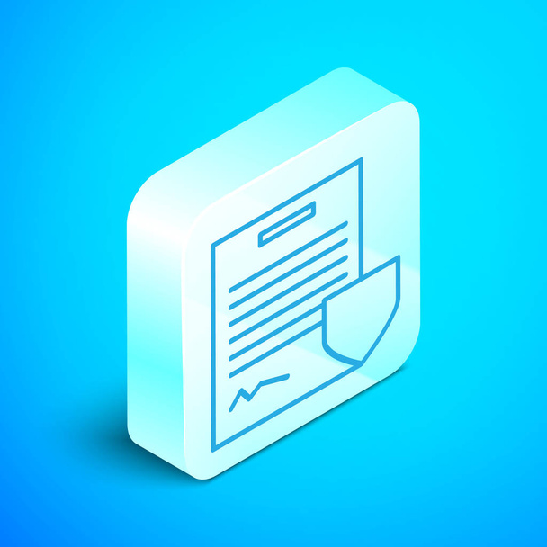 Isometric line Contract with shield icon isolated on blue background. Insurance concept. Security, safety, protection, protect concept. Silver square button. Vector Illustration - ベクター画像