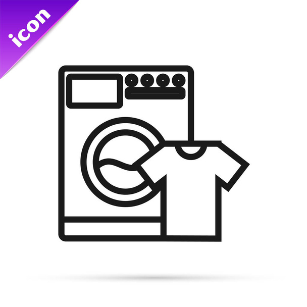 Zwarte lijn Wasmachine en t-shirt icoon geïsoleerd op witte achtergrond. Wasmachine icoon. Wasmachine, wasmachine. Huishoudapparaat symbool. Vector Illustratie - Vector, afbeelding
