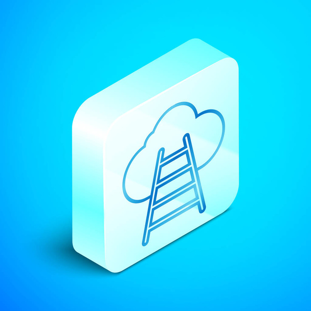 Ισομετρική σκάλα που οδηγεί σε εικονίδιο νέφους απομονωμένο σε μπλε φόντο. Σκάλες που οδηγούν στο σύννεφο. Ασημένιο τετράγωνο κουμπί. Εικονογράφηση διανύσματος - Διάνυσμα, εικόνα