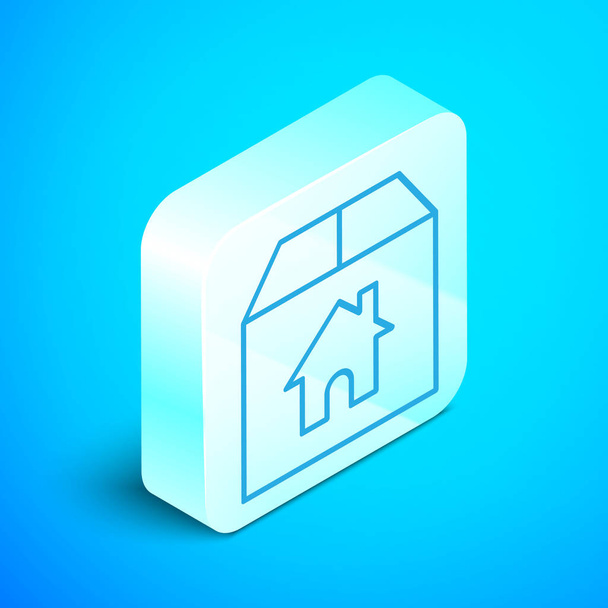 Mavi zemin üzerinde ev sembolü simgesi olan Isometric çizgi karton kutu. Kutu, paket, paket işareti. Teslimat, ulaşım ve nakliye. Gümüş kare düğme. Vektör İllüstrasyonu - Vektör, Görsel