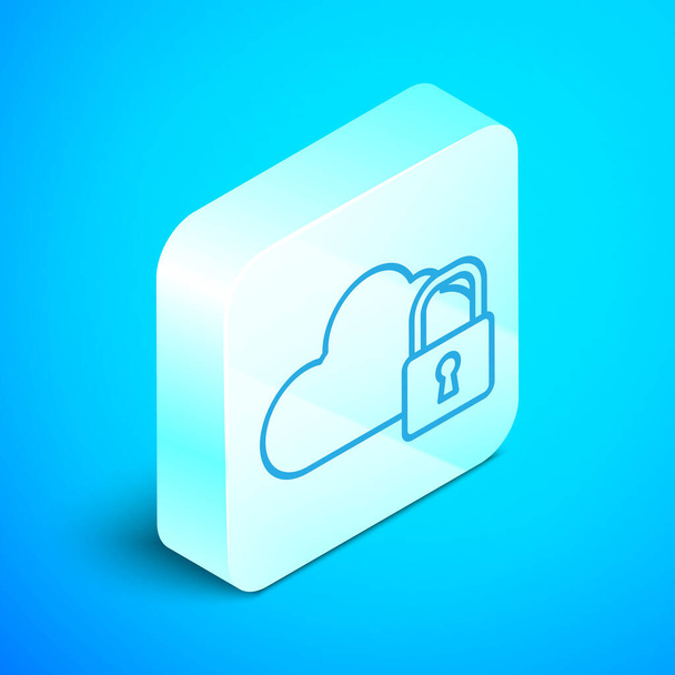 Isometric line Cloud computing lock icon isolated on blue background. Security, safety, protection concept. Protection of personal data. Silver square button. Vector Illustration - Vektor, kép