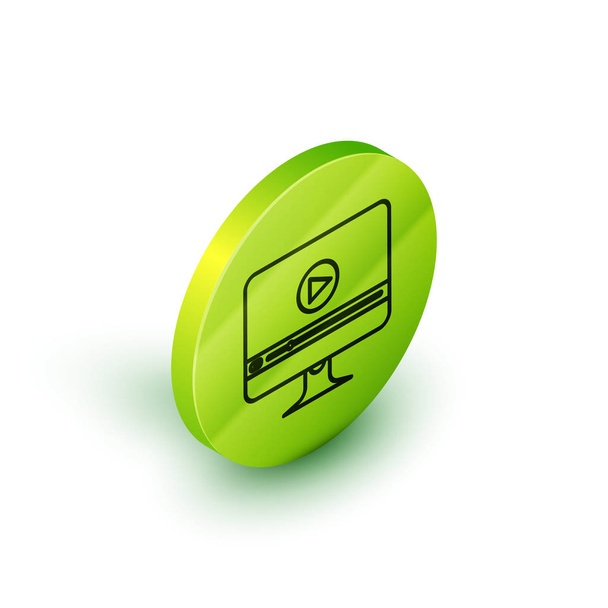 Izometrikus vonal Online játék video ikon elszigetelt fehér háttér. Számítógépes monitor és filmszalag játéktáblával. Zöld kör gomb. Vektorillusztráció - Vektor, kép