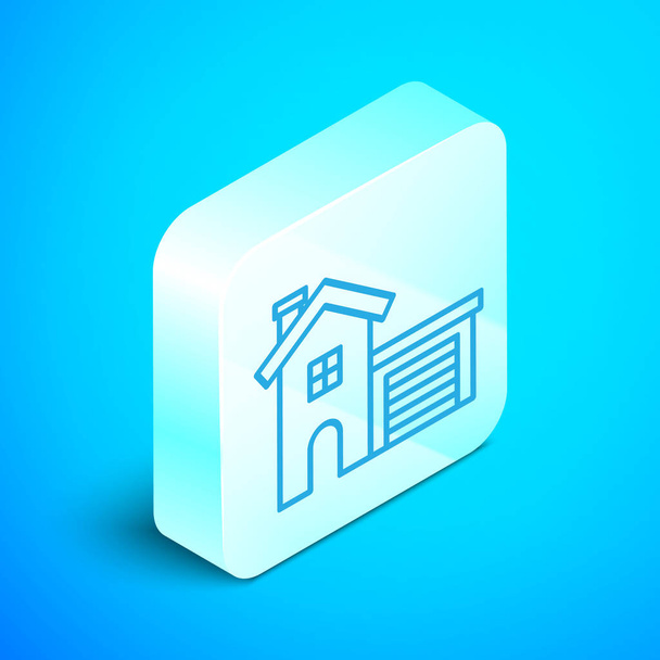 Isometrische lijn House icoon geïsoleerd op blauwe achtergrond. Huissymbool. Zilveren vierkante knop. Vector Illustratie - Vector, afbeelding