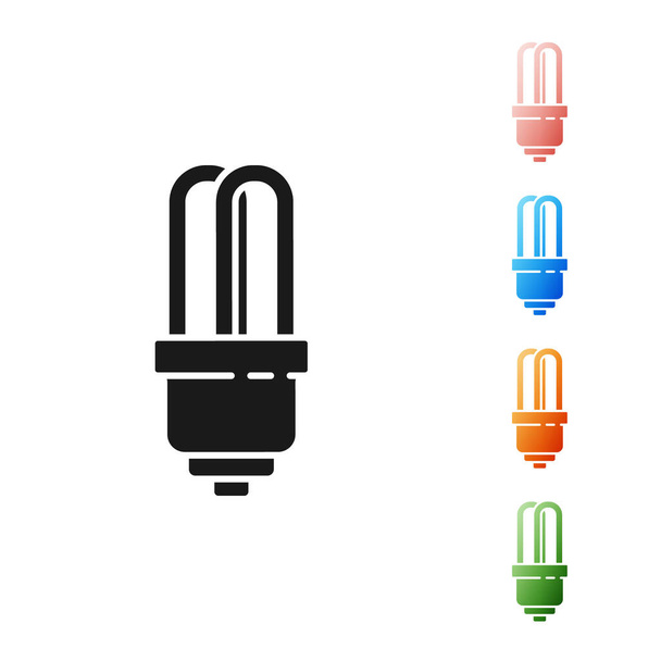 schwarzes LED-Glühbirnen-Symbol isoliert auf weißem Hintergrund. Sparsame LED-Leuchtmittel. Energiesparlampen sparen. setzen Symbole bunt. Vektorillustration - Vektor, Bild