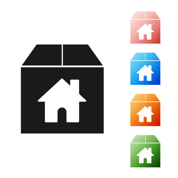 Černá kartonová krabička s ikonou symbol domu izolované na bílém pozadí. Krabice, balíček, balík. Dodávka, doprava a doprava. Nastavit barevné ikony. Vektorová ilustrace - Vektor, obrázek
