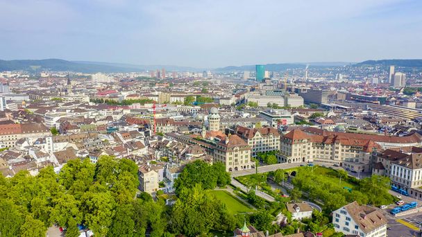 Zurich, Switzerland. Panorama of the city from the air. Urania Sternwarte Observatory, Lindenhof City Park, Aerial View  - Photo, image