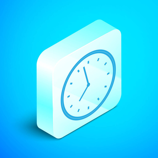 Icono de reloj de línea isométrica aislado sobre fondo azul. Símbolo de tiempo. Botón cuadrado plateado. Ilustración vectorial - Vector, Imagen