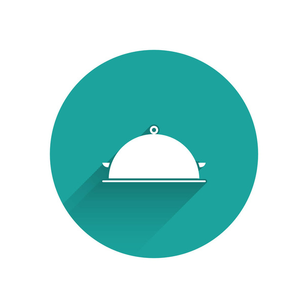 White Covered with a tray of food icon isolated with long shadow. Tray and lid sign. Restaurant cloche with lid. Kitchenware symbol. Green circle button. Vector Illustration - Vector, Image