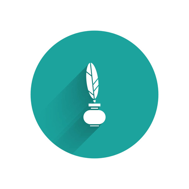 White Feather and inkwell icon isolated with long shadow. Green circle button. Vector Illustration - Vector, Image