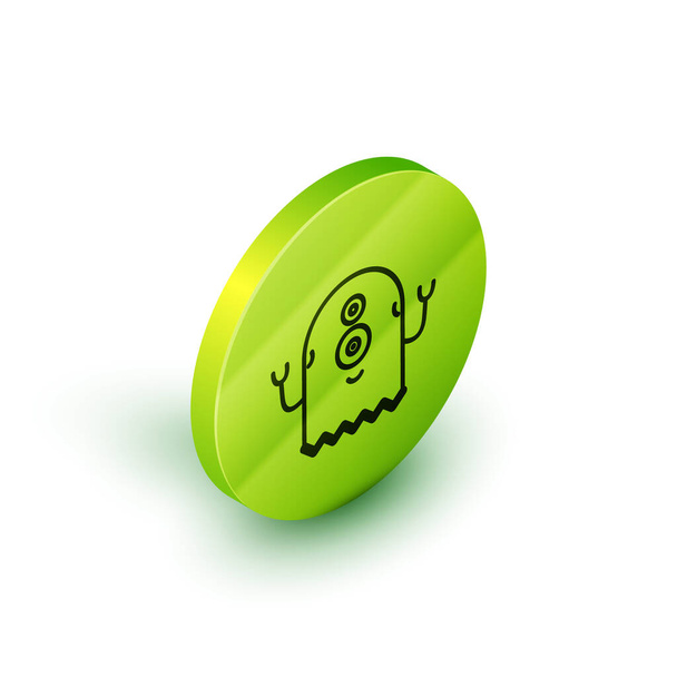 Isometric line Alien icon isolated on white background. Extraterrestrial alien face or head symbol. Green circle button. Vector Illustration - ベクター画像