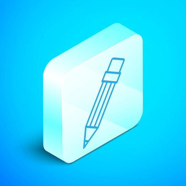 Isometric line Pencil with eraser icon isolated on blue background. Drawing and educational tools. School office symbol. Silver square button. Vector Illustration - Vektori, kuva